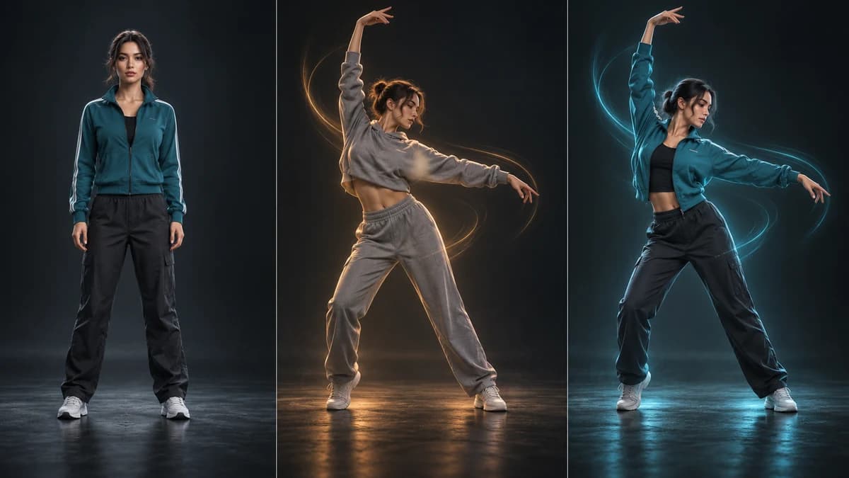 Concepto de Motion Control AI: personaje con chaqueta turquesa, bailarín y pose transferida