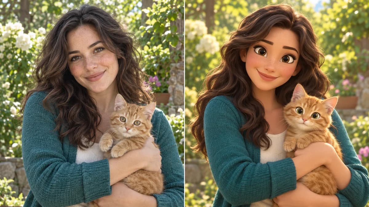 Comparación generada por IA de una mujer con un gato: foto y estilo animado