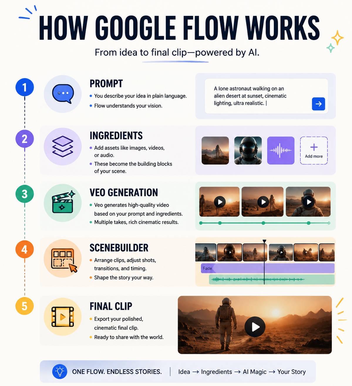 An editorial infographic poster titled How Google Flow Works, showing five connected blocks: Prompt, Ingredients, Veo Generation, Scenebuilder, Final Clip