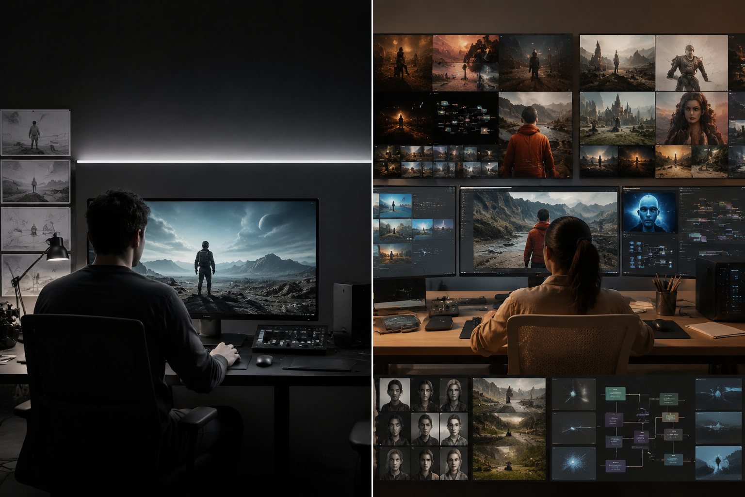 A side-by-side creative workflow scene showing one single-platform video studio on one side and a broader multi-model video creation workspace on the other