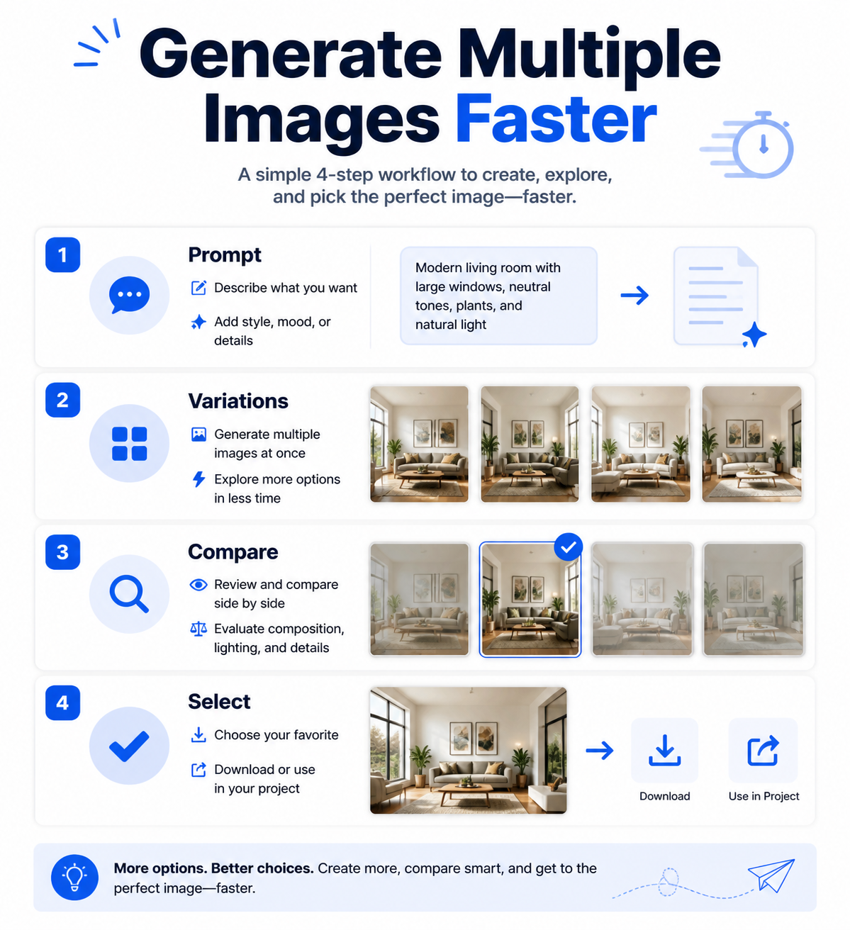 Workflow infographic showing prompt, generate, compare, and download steps for multi-image output